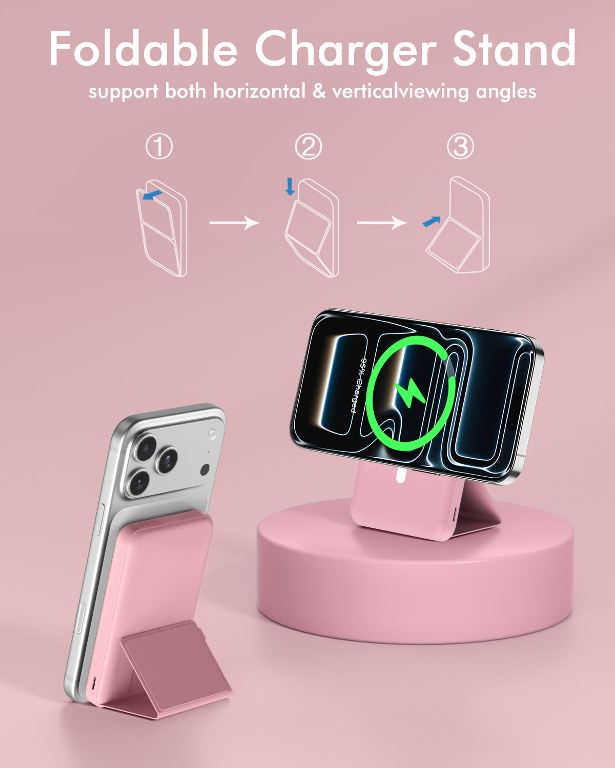 podoru for Magsafe Battery Pack, Foldable 10000mAh Magnetic Power Bank with USB-C Cable LED Display 22.5W PD Fast Charging Wireless Portable Charger for iPhone 17/16/15/14/13/12 Series-Pink