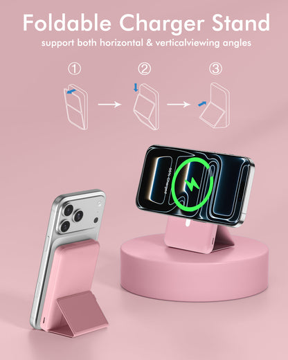 podoru for Magsafe Battery Pack, Foldable 10000mAh Magnetic Power Bank with USB-C Cable LED Display 22.5W PD Fast Charging Wireless Portable Charger for iPhone 17/16/15/14/13/12 Series-Pink