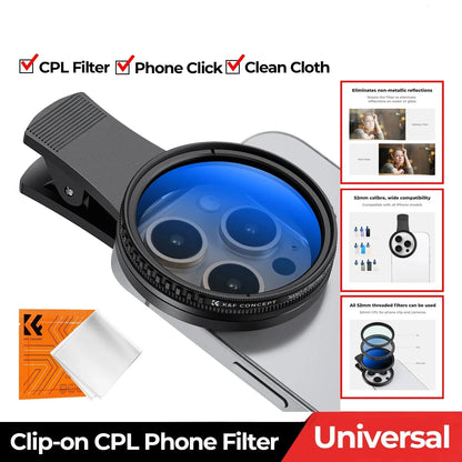 Clip-on CPL Phone Filter Kits 52mm Camera Lens Circular Polarizer Filter for iPhone 15, 14, 13