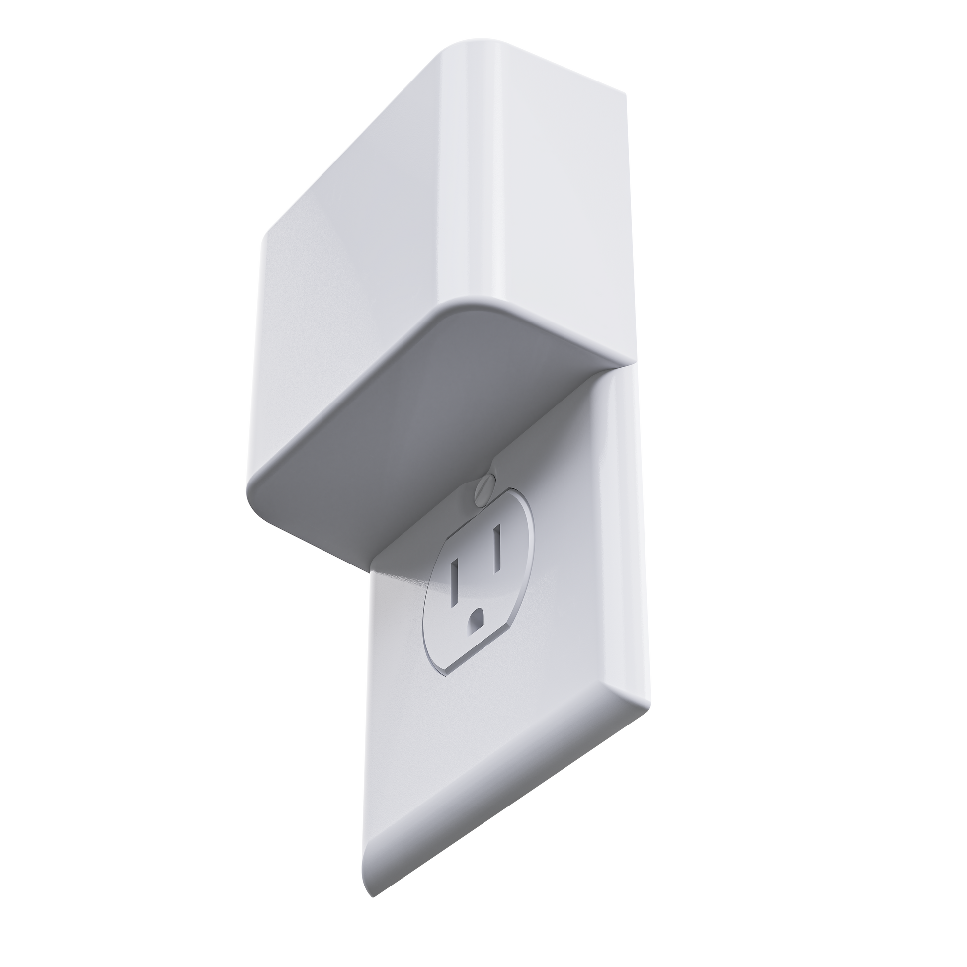 This image shows a close-up of the Permaplug Charger Lock securely attached to a standard wall outlet. The charger lock cover is sleek and minimalistic, wrapping around the top portion of the plug, providing a secure and tamper-resistant charging solution. The angle emphasizes the product's modern design and its functional integration with the outlet.